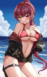 Rule 34 | 1girl, arrow through heart, bad id, bad pixiv id, beach, bikini, black jacket, blue sky, blurry, blurry background, blush, breasts, cleavage, cloud, cloudy sky, commentary, contrapposto, cowboy shot, day, earrings, emoji, glint, gradient hair, grin, halterneck, hand on own chest, heart, heart earrings, heart necklace, heterochromia, highres, hololive, houshou marine, houshou marine (summer), jacket, jewelry, large breasts, long hair, looking at viewer, moonbell, multicolored hair, nail polish, navel, necklace, o-ring, o-ring legwear, o-ring thigh strap, ocean, off shoulder, official alternate costume, open clothes, open jacket, outdoors, pin, pleading face emoji, ponytail, purple hair, red bikini, red eyes, red nails, sky, smile, solo, stomach, string bikini, swimsuit, thigh strap, thighs, two-tone hair, unzipped, virtual youtuber, wet, yellow eyes