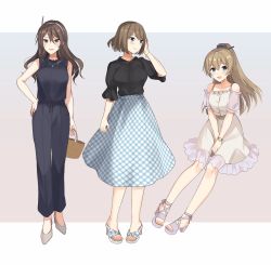 Rule 34 | 3girls, alternate costume, ashigara (kancolle), black pants, black shirt, black sweater, blouse, blue eyes, brown eyes, brown hair, casual, commentary request, dress, frilled dress, frills, full body, gingham skirt, green eyes, hair ornament, hairband, hairclip, hand on own hip, highres, kantai collection, kumano (kancolle), long hair, looking at viewer, maya (kancolle), multiple girls, pants, ponytail, senbei (senbe i), shirt, short hair, sleeveless, sleeveless shirt, sweater, toeless footwear, wavy hair, white dress, white hairband, x hair ornament