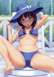 Rule 34 | 1girl, absurdres, areola slip, arm up, armpits, bare legs, barefoot, beach chair, bikini, blue bikini, blue eyes, blue hair, blush, braid, breasts, breasts apart, chair, day, feet, fence, hair over shoulder, halterneck, hat, highres, looking at viewer, lounge chair, lying, matching hair/eyes, navel, on back, open clothes, open shirt, outdoors, partially visible vulva, purple hair, reclining, scan, shirt, side-tie bikini bottom, solo, spread legs, stomach, sun hat, swimsuit, takayaki, toes, twin braids, untied bikini