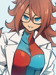 Rule 34 | 1girl, android, android 21, black-framed eyewear, blue eyes, breasts, brown hair, checkered clothes, checkered dress, curly hair, dragon ball, dragon ball fighterz, dress, earrings, glasses, hoop earrings, jewelry, kemachiku, lab coat, large breasts, long hair, looking at viewer, smile, solo