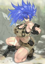 Rule 34 | 1girl, abs, absurdres, alternate costume, anagumasan, bandolier, biceps, big hair, black gloves, black sports bra, blue eyes, blue hair, boots, breasts, camouflage, camouflage shorts, cleavage, combat boots, earrings, finger on trigger, full body, gloves, gun, handgun, highres, jewelry, laser sight, leona heidern, load bearing vest, looking at viewer, m1911, midriff, military operator, muscular, muscular female, on one knee, ponytail, pouch, serious, shorts, snk, solo, sports bra, the king of fighters, thick thighs, thighs, triangle earrings, vest, weapon