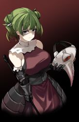 Rule 34 | absurdres, black eyes, corset, detached sleeves, dress, gauntlets, green hair, highres, holding, holding mask, holding staff, looking at viewer, mask, plague doctor mask, red dress, shaded face, staff, tatiana (unicorn overlord), unicorn overlord, zanlyu