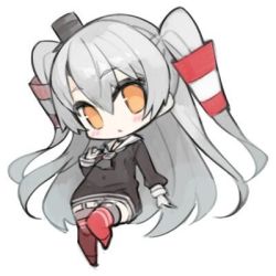 Rule 34 | 10s, 1girl, :&lt;, amatsukaze (kancolle), bad id, bad twitter id, blush, chibi, dress, garter straps, hair tubes, kantai collection, long hair, lowres, minono aki, orange eyes, red thighhighs, silver hair, simple background, solo, thighhighs, two side up