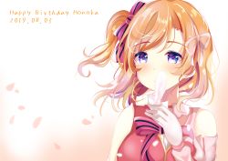 Rule 34 | 1girl, absurdres, bad id, bad pixiv id, birthday, blue eyes, bokutachi wa hitotsu no hikari, character name, commentary request, dated, depe, detached sleeves, dual persona, english text, feathers, hair ribbon, happy birthday, highres, holding, holding feather, kosaka honoka, looking at viewer, love live!, love live! school idol project, medium hair, one side up, orange hair, petals, ribbon, sidelocks, sleeveless, solo, split theme, start:dash!!, upper body, white feathers