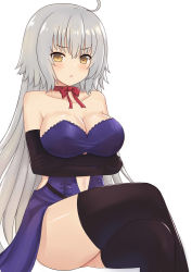 Rule 34 | 1girl, :o, absurdres, ahoge, bad id, bad pixiv id, bare shoulders, black gloves, black thighhighs, blue dress, blush, breasts, brown eyes, cleavage, clothing cutout, collarbone, crossed arms, crossed legs, dress, fate/grand order, fate (series), gloves, hank (spider921), highres, jeanne d&#039;arc (fate), jeanne d&#039;arc alter (avenger) (fate), jeanne d&#039;arc alter (avenger) (third ascension) (fate), jeanne d&#039;arc alter (fate), large breasts, long hair, looking at viewer, navel cutout, neck ribbon, official alternate costume, parted lips, red ribbon, ribbon, silver hair, sitting, solo, straight hair, strapless, strapless dress, thighhighs, v-shaped eyebrows, very long hair