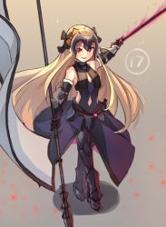Rule 34 | 1girl, abigail williams (fate), armor, armored boots, armored dress, bare shoulders, black bow, blonde hair, boots, bow, brown background, commentary, cosplay, dress, english commentary, fate/grand order, fate (series), flag, full body, gauntlets, glowing, hair bow, headpiece, holding, holding flag, holding sword, holding weapon, jeanne d&#039;arc (fate), jeanne d&#039;arc alter (avenger) (fate), jeanne d&#039;arc alter (avenger) (third ascension) (fate), jeanne d&#039;arc alter (fate), jeanne d&#039;arc alter (fate) (cosplay), long hair, looking at viewer, miya (miyaruta), orange bow, outstretched arm, parted lips, purple dress, red eyes, shadow, sleeveless, sleeveless dress, smile, solo, sparkle, standard bearer, standing, sword, v-shaped eyebrows, very long hair, weapon, white flag