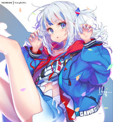 Rule 34 | 1girl, bare legs, blue eyes, blue hair, blue jacket, blue skirt, blush, claw pose, fanny pack, fingernails, from side, gawr gura, gradient hair, halftone, hands up, hololive, hololive english, hong (white spider), hood, hood down, jacket, long sleeves, looking at viewer, midriff, miniskirt, multicolored hair, nail polish, navel, open clothes, open jacket, parted lips, patreon username, puffy long sleeves, puffy sleeves, purple nails, signature, skirt, solo, two side up, virtual youtuber, white hair