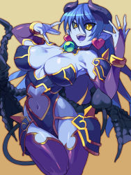 Rule 34 | 1girl, astaroth (shinrabanshou), bad id, bad pixiv id, bare shoulders, black sclera, blue hair, blue skin, bracelet, breasts, bridal gauntlets, clothing cutout, colored sclera, colored skin, covered erect nipples, demon girl, demon horns, demon tail, demon wings, detached collar, earrings, elbow gloves, gloves, heart, heart earrings, horns, jewelry, large breasts, leotard, long hair, making-of available, metata, monster girl, navel, navel cutout, pointy ears, sagging breasts, shinrabanshou, simple background, solo, tail, thighhighs, wings, yellow eyes