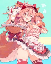Rule 34 | 1girl, ;d, alternate costume, animal ears, animal hands, apron, aqua background, bell, breasts, cleavage, cowboy shot, fangs, fate/grand order, fate (series), fox ears, fox tail, frilled skirt, frills, glass, gloves, hair between eyes, hat, highres, holding, holding tray, jingle bell, large breasts, long hair, looking at viewer, lostroom outfit (fate), multiple tails, name tag, neck bell, one eye closed, open mouth, panties, pantyshot, paw gloves, paw pose, paw print, paw print background, pink hair, red thighhighs, saipaco, shirt, skirt, smile, solo, striped clothes, striped shirt, tail, tamamo (fate), tamamo cat (fate), thighhighs, tray, underwear, vertical-striped clothes, vertical-striped shirt, visor cap, waist apron, white panties, yellow eyes