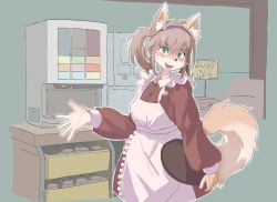 Rule 34 | 1girl, absurdres, animal ears, animal nose, apron, arm at side, blush, body fur, breasts, brown fur, brown hair, buttons, coffee maker, cowboy shot, dress, english text, female focus, fox ears, fox girl, fox tail, frilled apron, frills, furry, furry female, green eyes, hairband, hand up, happy, highres, holding, holding tray, indoors, leonardo (user crrj8878), long dress, long hair, long sleeves, looking at viewer, maid, maid apron, open mouth, original, outline, ponytail, purple hairband, red dress, sidelocks, sign, small breasts, smile, solo, standing, tail, tray, two-tone fur, v-shaped eyebrows, white apron, white fur, white outline
