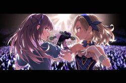 Rule 34 | 2girls, bare shoulders, blue bow, blue bowtie, blue ribbon, bow, bowtie, brown hair, copyright request, crowd, gloves, glowstick, grey shirt, hair ribbon, hairband, hand on own chest, highres, holding, holding microphone, idol, letterboxed, long hair, microphone, multiple girls, music, open mouth, puffy short sleeves, puffy sleeves, purple eyes, ribbon, shirt, short sleeves, singing, smile, ulrich (tagaragakuin), white gloves