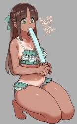 Rule 34 | 1girl, agawa ryou, aqua bikini, aqua bow, artist name, bare shoulders, bikini, bow, breasts, brown hair, cleavage, collarbone, commentary, dark-skinned female, dark skin, dated, eating, english commentary, food, frilled bikini, frills, green eyes, grey background, groin, hair bow, holding, holding food, kneeling, long hair, medium breasts, navel, numbered, original, parted bangs, popsicle, sideboob, sidelocks, simple background, solo, striped bikini, striped clothes, swimsuit, tan, tanline, thick thighs, thighs