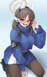 Rule 34 | 1girl, 26th, :d, animal ears, belt, black footwear, blue archive, blue background, blue skirt, blue sweater, blush, brown eyes, brown hair, brown pantyhose, candy, fake animal ears, food, glasses, halo, headband, high tops, highres, holding, holding candy, holding food, holding lollipop, lollipop, long hair, long sleeves, looking at viewer, moe (blue archive), open mouth, pantyhose, rabbit ears, shoes, skirt, smile, sneakers, sweater, turtleneck, turtleneck sweater, twintails