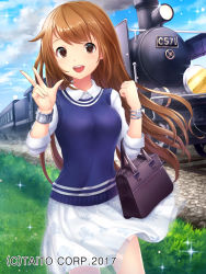 Rule 34 | :d, bad id, bad pixiv id, bag, blue sky, bracelet, breasts, brown hair, day, grass, handbag, highres, ilog, jewelry, long hair, looking at viewer, lunacle, medium breasts, official art, open mouth, outdoors, skirt, sky, smile, smoke, solo, standing, sweater vest, train, v, very long hair, watermark, white skirt