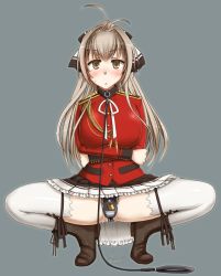 Rule 34 | 10s, 1girl, aiguillette, amagi brilliant park, bdsm, blush, boots, bow, breast hold, breasts, brown eyes, brown hair, buttons, chastity belt, collar, hair ribbon, highres, large breasts, leash, lock, long hair, looking at viewer, minase (takaoka nanase), padlock, ponytail, pussy juice, ribbon, sento isuzu, skirt, solo, spread legs, squatting, thighhighs, white thighhighs