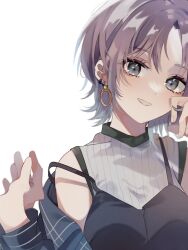 Rule 34 | 1girl, ahoge, asakura toru, commentary request, earrings, gradient hair, grey eyes, grey hair, highres, idolmaster, idolmaster shiny colors, jewelry, looking at viewer, multicolored hair, portrait, shirt, short hair, shu10, sleeveless, sleeveless shirt, smile, solo, two-tone hair, upper body, white background