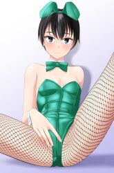 Rule 34 | 1girl, absurdres, animal ears, black eyes, black hair, bow, bowtie, breasts, commentary request, cowboy shot, detached collar, fake animal ears, fishnet pantyhose, fishnets, green bow, green bowtie, green leotard, highres, leotard, looking at viewer, original, pantyhose, playboy bunny, rabbit ears, short hair, small breasts, solo, spread legs, strapless, strapless leotard, takafumi, wrist cuffs