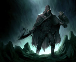 Rule 34 | 1boy, animal, animal on arm, armor, belt, bird, bird on arm, black eyes, cloak, commission, dagger, dungeons &amp; dragons, gloves, glowing, glowing eyes, grey cloak, grey gloves, highres, hood, hood up, hooded cloak, knife, leather armor, male focus, mask, mouth mask, original, owl, rogue, scabbard, shadow, sheath, sheathed, torn, torn cloak, torn clothes, twotimesthedime, weapon