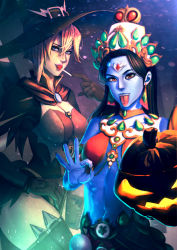 Rule 34 | alternate costume, bad hands, bakki, blue skin, candy, colored skin, devi symmetra, food, goddess symmetra, hat, jack-o&#039;-lantern, lollipop, looking at viewer, mercy (overwatch), nail polish, official alternate costume, ok sign, open mouth, overwatch, overwatch 1, pumpkin, symmetra (overwatch), thighhighs, tongue, tongue out, witch hat, witch mercy