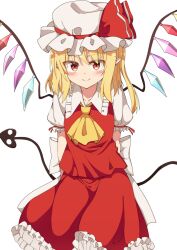 Rule 34 | 1girl, ascot, blonde hair, blush, cowboy shot, crystal wings, dress, flandre scarlet, hat, hat ribbon, highres, pointy ears, puffy short sleeves, puffy sleeves, red dress, red ribbon, ribbon, short sleeves, simple background, smile, solo, tksand, touhou, white background, white mob cap, yellow ascot
