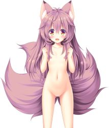 Rule 34 | 1girl, animal ear fluff, animal ears, blush, censored, clenched hands, completely nude, cowboy shot, fang, flat chest, fox ears, fox girl, fox tail, long hair, looking at viewer, madoi shiroki no kamikakushi, moekibara fumitake, mosaic censoring, multiple tails, navel, nipples, nude, official art, open mouth, photoshop (medium), purple hair, pussy, skin fang, solo, tail, tooki roka, transparent background, yellow eyes