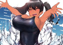 Rule 34 | 1girl, ^ ^, armpits, black hair, borrowed character, bouncing breasts, breasts, breasts day, closed eyes, colored skin, commentary request, good breasts day, hair between eyes, happy, ikuchan kaoru, large breasts, motion blur, multicolored skin, one-piece swimsuit, open mouth, original, outstretched arms, short hair, smile, solo, swimsuit, tan, tanline, teeth, twintails, upper teeth only, water, wet