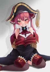 Rule 34 | 1girl, absurdres, anchor symbol, ascot, bicorne, black coat, black hat, blue gemstone, blush, bodystocking, breasts, brooch, brown thighhighs, coat, collar, commentary, cropped jacket, epaulettes, feet out of frame, frilled collar, frills, gem, gold trim, grin, hair ribbon, hat, heterochromia, highres, hololive, houshou marine, houshou marine (1st costume), jacket, jewelry, long hair, looking to the side, medium breasts, mt mozuku, off shoulder, parted lips, pirate hat, red ascot, red eyes, red hair, red jacket, red ribbon, ribbon, shadow, sitting, sleeveless, sleeveless jacket, sleeves past fingers, sleeves past wrists, smile, solo, thighhighs, twintails, virtual youtuber, yellow eyes