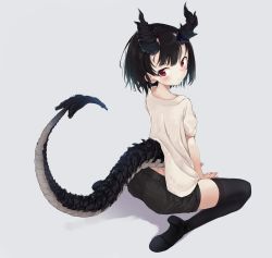 Rule 34 | 1girl, absurdres, black footwear, black hair, black shorts, black thighhighs, dragon girl, dragon horns, dragon tail, full body, grey background, highres, horns, looking at viewer, looking back, monobe tsukuri, original, red eyes, scales, shirt, shoes, short shorts, short sleeves, shorts, simple background, sitting, solo, tail, thighhighs, wariza, white shirt