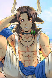 Rule 34 | 1boy, abs, absurdres, animal ears, arknights, arm behind head, bara, bare pectorals, blush, brown eyes, brown hair, bulge, covered erect nipples, cow boy, cow ears, cow horns, feet out of frame, highres, horns, jacket, jewelry, kir (kir keropi), long hair, looking at viewer, male focus, matterhorn (arknights), matterhorn (beach guard) (arknights), necklace, nipples, open clothes, open jacket, parted lips, pectorals, smile, solo, spread legs, stomach, toned, toned male, tooth necklace