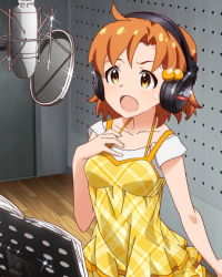 Rule 34 | 10s, 1girl, ahoge, artist request, brown hair, character name, hair ornament, hand on own chest, headphones, heart, idolmaster, idolmaster million live!, microphone, official art, open mouth, recording studio, solo, sweat, yabuki kana, yellow eyes