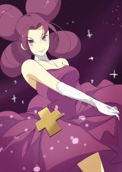 Rule 34 | 1girl, 34 (sanjushi), breasts, closed mouth, creatures (company), dress, elbow gloves, fantina (pokemon), game freak, gloves, highres, long dress, long hair, looking at viewer, nintendo, pokemon, pokemon dppt, purple dress, purple eyes, purple hair, quad tails, smile, solo, white gloves