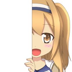 Rule 34 | 10s, 1girl, :d, blush, brown eyes, eyebrows, hairband, i-26 (kancolle), kantai collection, light brown hair, long hair, looking at viewer, nagineko, open mouth, peeking out, smile, solo, swimsuit, transparent background, two-tone hairband, two side up