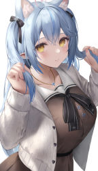 Rule 34 | 1girl, absurdres, ahoge, animal ears, black ribbon, blue hair, blush, breasts, brown dress, cat ears, collarbone, crossed bangs, dress, hair between eyes, hair ribbon, heart, heart ahoge, hibimaru, highres, holding, holding hair, hololive, ice crystal, jewelry, large breasts, long hair, long sleeves, looking at viewer, neck ribbon, necklace, ribbon, simple background, solo, sweater, two side up, virtual youtuber, white background, yellow eyes, yukihana lamy, yukihana lamy (casual)