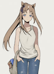 Rule 34 | 1girl, absurdres, alternate costume, animal ears, bag, blue eyes, bow, breasts, closed mouth, commentary request, denim, ear ribbon, grass wonder (umamusume), grey background, hands in pockets, highres, horse ears, horse girl, jeans, long hair, looking at viewer, multicolored hair, pants, pinponpaaru, plastic bag, ponytail, ribbon, simple background, solo, tank top, umamusume, white hair, white tank top