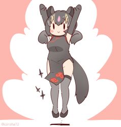 Rule 34 | 1girl, animal ears, arms up, aye-aye (kemono friends), black hair, china dress, chinese clothes, coroha, dress, elbow gloves, full body, gloves, jumping, kemono friends, long hair, looking at viewer, monkey ears, monkey girl, monkey tail, pink background, shoes, shuriken, simple background, solo, tail, thighhighs, weapon