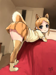 Rule 34 | 1girl, animal ears, arm rest, ass, bed, beige shirt, beige shoes, bent over, brown skirt, brown thighhighs, ceiling, closed mouth, derivative work, dog ears, dog girl, dog tail, door, flat chest, from behind, full body, grey eyes, indoors, legs, light brown hair, long hair, looking at viewer, looking back, original, panbai, parody, parted bangs, photo-referenced, pleated skirt, ponytail, shoes, short sleeves, sidelocks, signature, skirt, smile, solo, tail, thighhighs, wall, zettai ryouiki