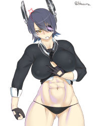 Rule 34 | 10s, 1girl, abs, anger vein, angry, bad id, bad pixiv id, blaccura, breasts, covered erect nipples, eyepatch, female focus, fingerless gloves, gloves, highres, kantai collection, large breasts, looking at viewer, navel, purple hair, short hair, simple background, solo, tenryuu (kancolle), toned, twitter username, white background, yellow eyes