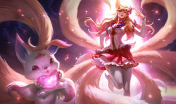Rule 34 | 1girl, ahri (league of legends), animal ears, boots, detached sleeves, fox ears, fox tail, hand on own hip, heart, league of legends, lipstick, long hair, looking at viewer, magical girl, makeup, multiple tails, nail polish, official art, one eye closed, red lips, ribbon, skirt, solo, star guardian (league of legends), star guardian ahri, tail, thigh boots, thighhighs, zettai ryouiki