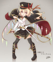 Rule 34 | 1girl, :o, absurdres, belt, belt buckle, black cape, black footwear, black hair, black hat, black thighhighs, blonde hair, blush, boots, brown belt, buckle, cape, commentary request, coreytaiyo, cross, crystal, dated, dress shirt, flandre scarlet, full body, grey background, gun, hair between eyes, handgun, hat, highres, holding, holding sword, holding weapon, iron cross, knee boots, looking at viewer, luger p08, military hat, multicolored cape, multicolored clothes, open mouth, peaked cap, red cape, red eyes, sheath, shirt, side ponytail, signature, simple background, solo, standing, sword, thighhighs, touhou, translation request, unsheathed, weapon, white shirt, wings