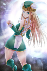 Rule 34 | 1girl, aqua eyes, ass, bare shoulders, blonde hair, blush, boots, detached sleeves, dress, freya (valkyrie profile), from behind, green footwear, hat, highres, long hair, looking at viewer, looking back, n.g., open mouth, smile, solo, valkyrie profile (series)