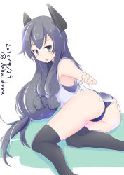 Rule 34 | 1girl, absurdres, all fours, ass, black hair, black thighhighs, blouse, blue one-piece swimsuit, crop top, dabu dora, green eyes, hair ribbon, headgear, highres, i-47 (kancolle), kantai collection, long hair, low-tied long hair, one-piece swimsuit, ribbon, school swimsuit, see-through, see-through skirt, shirt, sidelocks, simple background, skirt, sleeveless, sleeveless shirt, solo, swimsuit, thighhighs, tress ribbon, white background