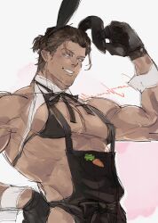 Rule 34 | 1boy, adventurer (ff14), alternate costume, animal ears, apron, bara, black apron, black bra, blue eyes, bra, brown hair, carrot print, crossdressing, food print, from below, gsg7pk, hair slicked back, hand on own ear, highres, hyur, large pectorals, looking at viewer, male focus, male playboy bunny, mature male, medium hair, muscular, muscular male, pectoral cleavage, pectorals, pulling own ear, rabbit ears, scar, scar across eye, smile, solo, sparse stubble, thick eyebrows, underwear, unfinished, upper body, viper (final fantasy), warrior of light (ff14)