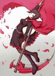 Rule 34 | 1girl, black hair, boots, breasts, cape, crescent rose, frilled skirt, frilled sleeves, frills, grey background, knee boots, lolita fashion, pantyhose, petals, red cape, rose petals, ruby rose, rwby, scythe, grey eyes, skirt, solo, zane (759072704)
