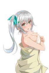 Rule 34 | 1girl, absurdres, blush, bow, breasts, cleavage, embarrassed, green bow, green eyes, hair between eyes, hair bow, hair ornament, hairclip, hands on own chest, highres, hizuki miu, holding, holding towel, long hair, looking at viewer, medium breasts, naked towel, open mouth, ru roiroiro, side ponytail, silver hair, solo, towel, triangle hair ornament, virtual youtuber, wactor production, white background