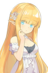 Rule 34 | 1girl, blonde hair, blue eyes, blunt bangs, blush, breasts, cleavage, elf, eyes visible through hair, frills, light blush, long hair, looking at viewer, medium breasts, minoa (lastswallow), original, parted lips, pointy ears, simple background, solo, white background