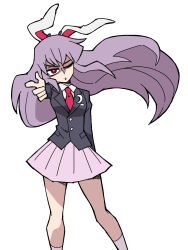 Rule 34 | 1girl, animal ears, black jacket, blazer, collared shirt, commentary, crescent, crescent pin, eddybird55555, english commentary, finger gun, highres, jacket, long hair, long sleeves, looking at viewer, necktie, one eye closed, open mouth, pink skirt, pointing, pointing at viewer, purple hair, rabbit ears, rabbit girl, red eyes, red necktie, reisen udongein inaba, ringed eyes, shirt, simple background, skirt, solo, touhou, vanripper (style), white background, white shirt