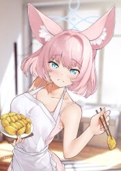 Rule 34 | 1girl, absurdres, animal ears, apron, blue archive, blue eyes, blush, breasts, camisole, chopsticks, food, fox ears, fox girl, halo, highres, holding, holding chopsticks, holding food, holding plate, inarizushi, indoors, liu zhao, looking at viewer, medium breasts, niko (blue archive), pink camisole, pink hair, plate, short hair, smile, standing, sunlight, sushi, white apron, window, wooden floor