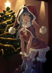 Rule 34 | 1girl, bad id, bad pixiv id, blue hair, blush, boots, breasts, brown eyes, capelet, christmas, christmas tree, hat, jester cap, lips, long hair, open mouth, original, pantyhose, santa costume, santa hat, shimotsuki eight, solo, thigh boots, thighhighs