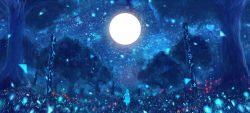 Rule 34 | 1girl, blue theme, field, full moon, glowing, long hair, moon, night, night sky, original, sakimori (hououbds), scenery, sky, solo, tree