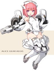 Rule 34 | 1girl, :d, aikawa aika, alice gear aegis, armpit crease, bare shoulders, blush, breasts, brown background, commentary request, copyright name, elbow gloves, full body, gloves, grey thighhighs, groin, gun, headgear, highres, holding, holding gun, holding weapon, karukan (monjya), leotard, looking at viewer, mecha musume, open mouth, pink hair, purple eyes, small breasts, smile, solo, thighhighs, two-tone background, weapon, white background, white gloves, white leotard